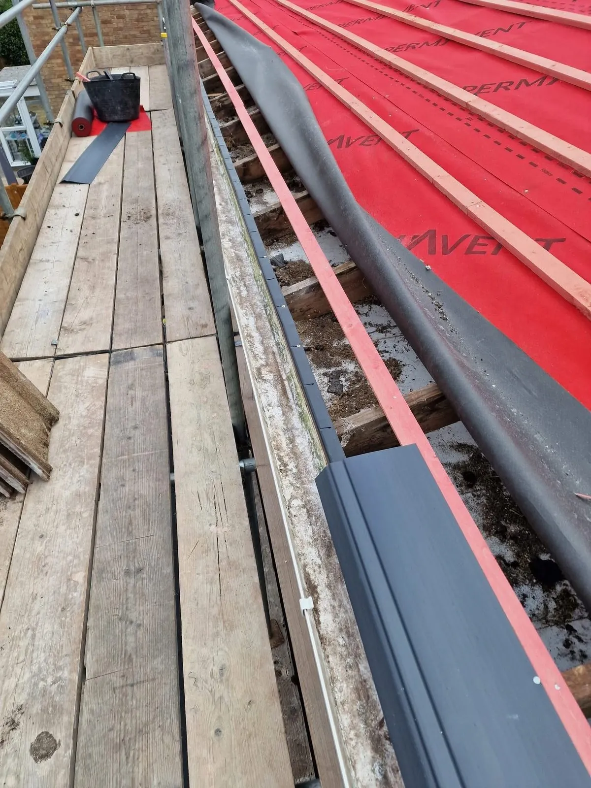 Breathable membrane and battens fitted during a re-roof in Penzance